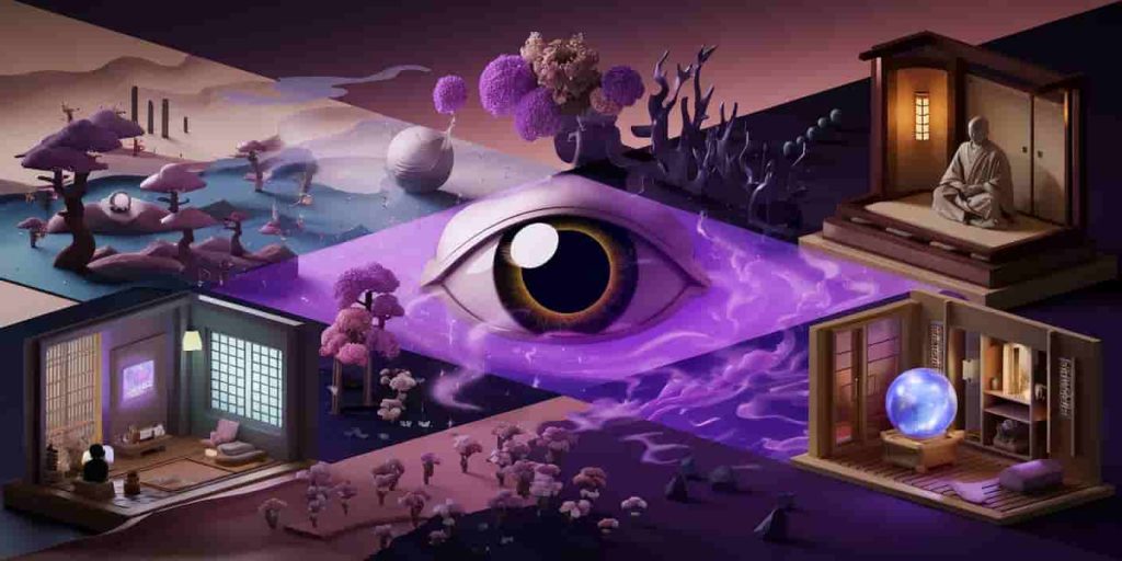 A dreamy scene divided into four quadrants representing different spiritual experiences, all connected by ethereal purple mist.
