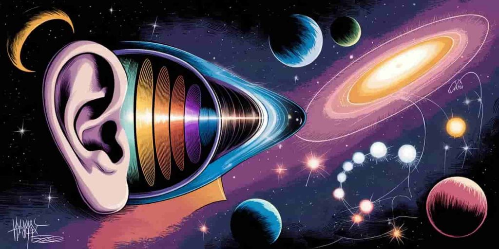 Cosmic scene featuring a translucent human ear with colorful frequency waves inside, surrounded by celestial bodies and glowing orbs representing spiritual messages.