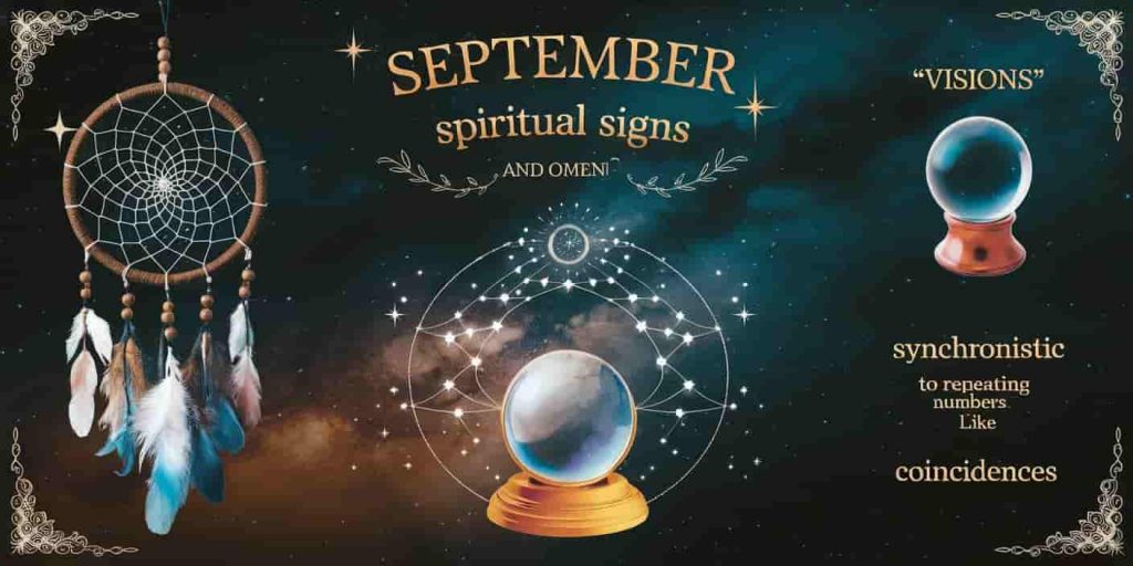Mystical scene with dreamcatcher, crystal ball, and synchronistic symbols against a starry background