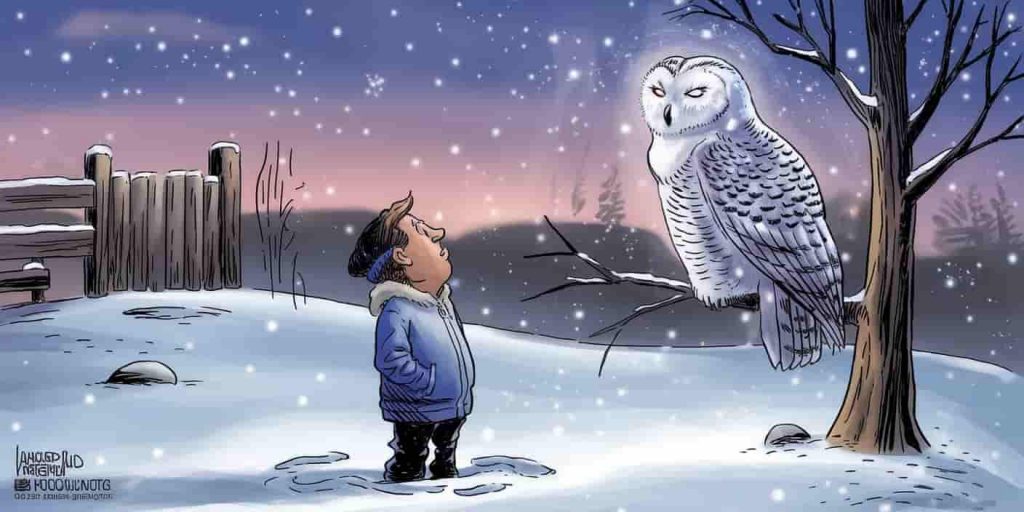 A person in a snowy twilight landscape gazing at a snowy owl with glowing eyes perched on a tree, surrounded by subtle visual cues suggesting spiritual guidance and revelation.