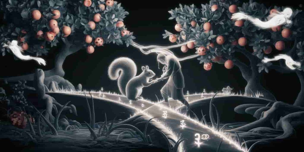 A 3D Ukiyo-e style image showing a person encountering a squirrel at a mystical forest crossroads, with glowing paths and ethereal nature spirits in the background.