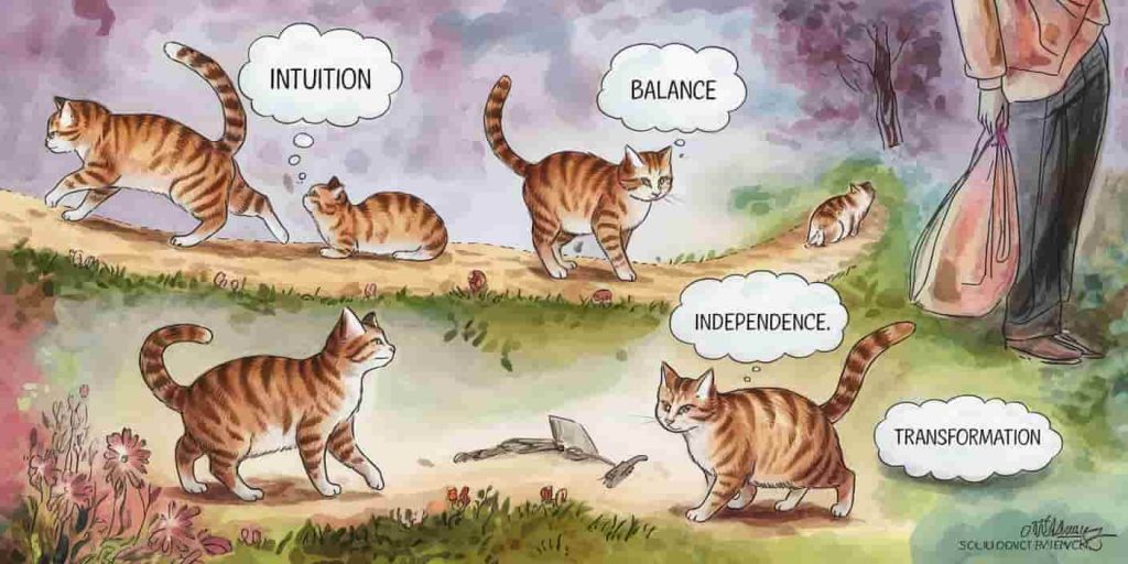 Multiple tabby cats in various poses, each representing different spiritual messages and encounters.