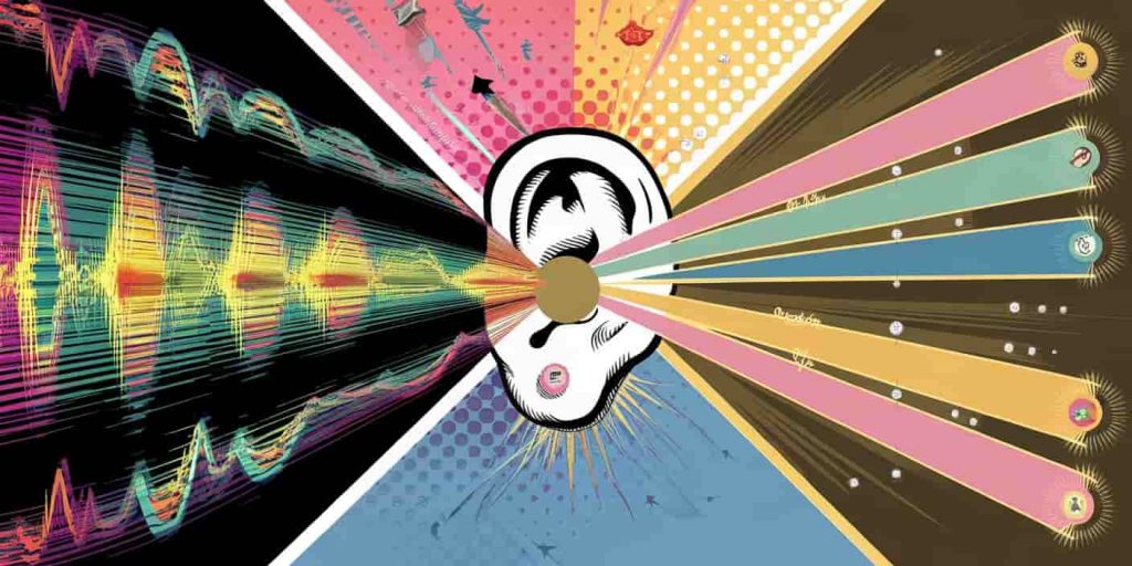 Split-screen image showing high and low-frequency sound waves, with an ear in the center emitting different colored light streams representing various types of spiritual ringing.