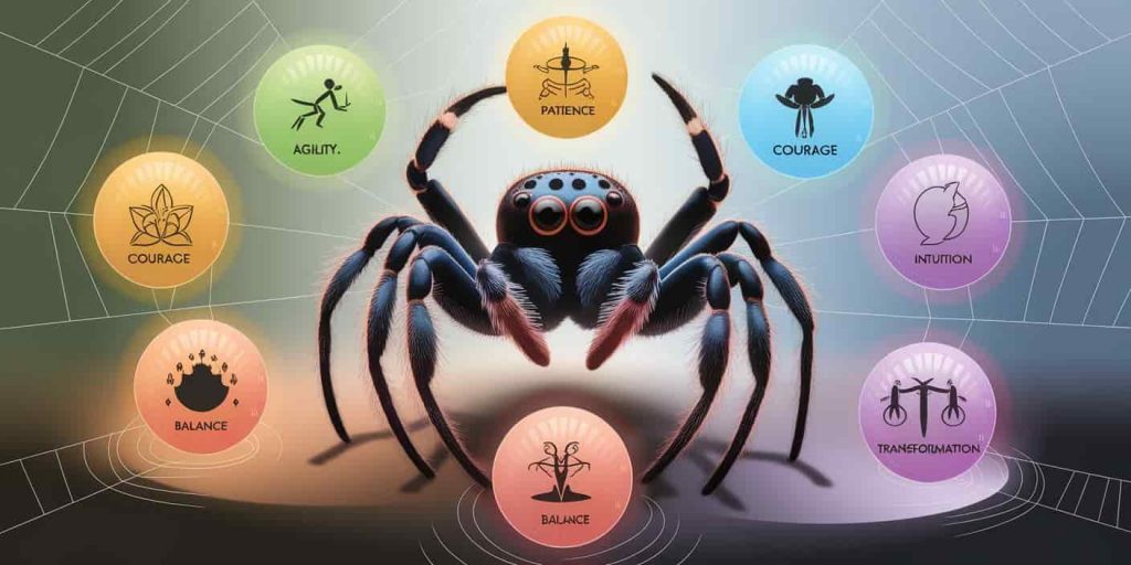 A jumping spider surrounded by seven glowing orbs representing different spiritual meanings: agility, patience, creativity, courage, intuition, balance, and transformation