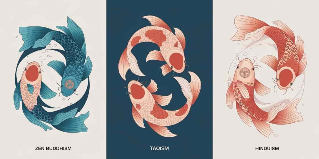 Triptych image showing koi fish representations in Zen Buddhism, Taoism, and Hinduism, each panel featuring distinct cultural and spiritual symbols.