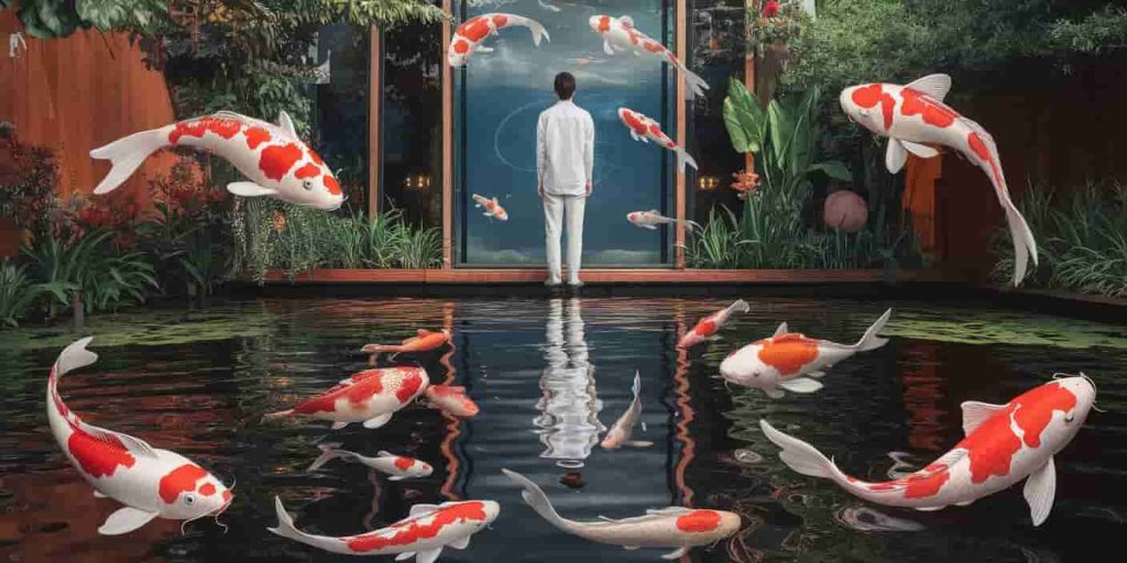 Reflective scene of a person by a koi pond, their water reflection transforming into koi fish representing different spiritual lessons and personal growth.