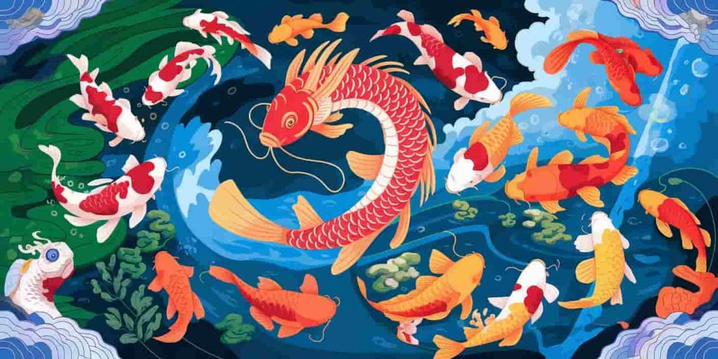 Artistic representation of koi fish spiritual meanings, featuring a koi transforming into a dragon surrounded by colorful koi representing various spiritual qualities.
