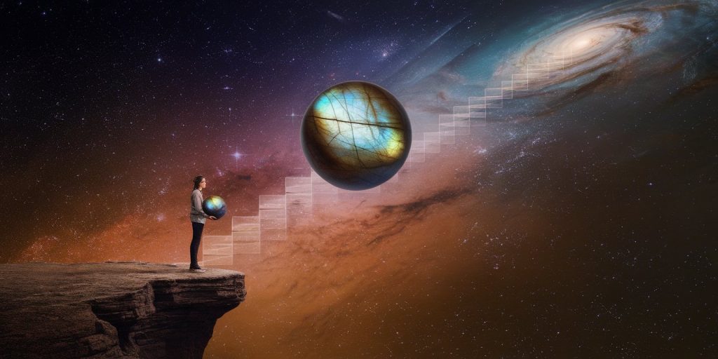 Person on cliff holding labradorite sphere, with ethereal stairs leading to a cosmic realm of galaxies and nebulae, illustrating connection to higher dimensions.