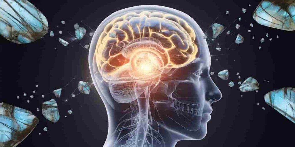 Translucent labradorite human head profile revealing inner glowing neural network, surrounded by floating labradorite fragments representing thoughts and insights.