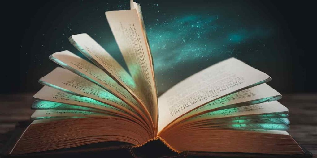  Open book with translucent labradorite pages glowing with ethereal writing, representing spiritual messages and lessons against a starry background.