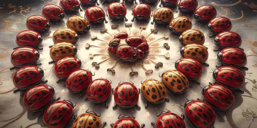 A circular arrangement of red, orange, and yellow ladybugs forming a mandala-like pattern, interspersed with symbols of good luck on a dreamy, golden background.