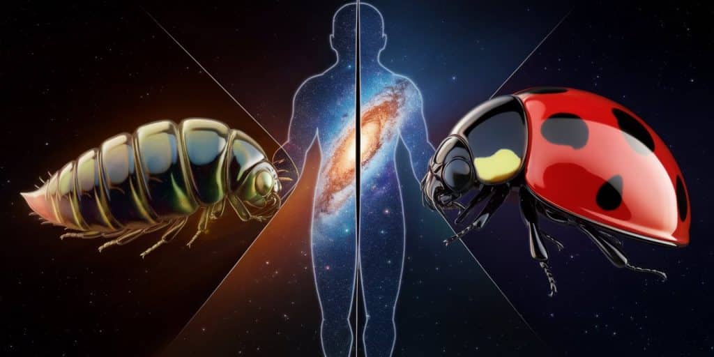 A split image showing a ladybug larva and adult, with a central human silhouette filled with a galaxy pattern, symbolizing personal transformation and spiritual growth.