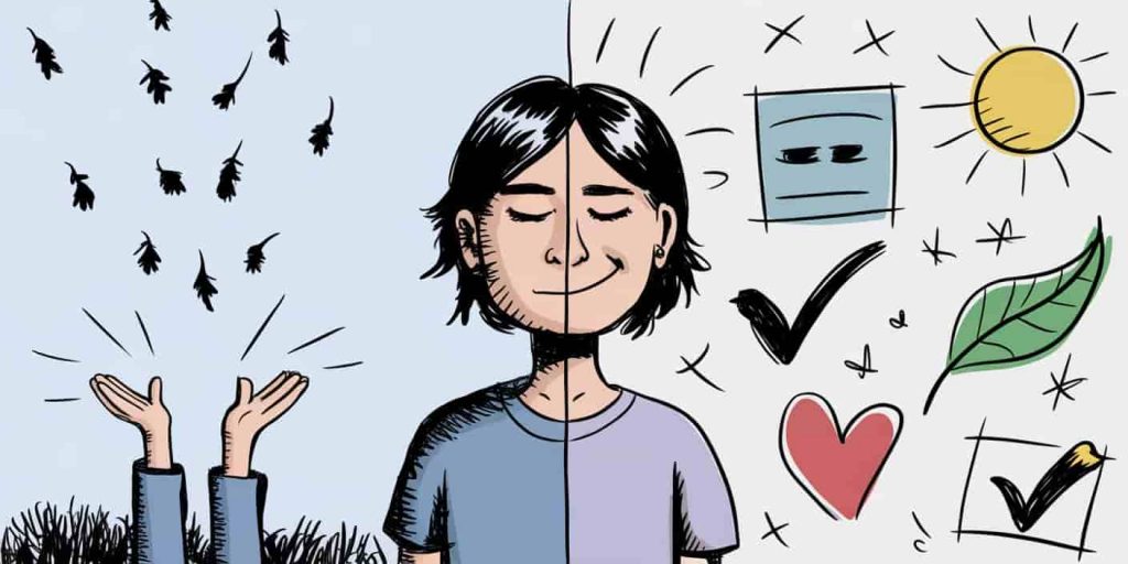 Split-screen image of person's reaction to bird droppings: frustrated on one side, enlightened and smiling on the other with thought bubbles of positive affirmations.