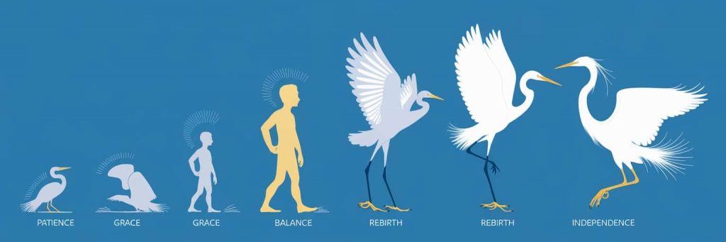 Series of images showing a person's silhouette gradually transforming into an egret, each stage representing different spiritual lessons with changing colors and symbols.