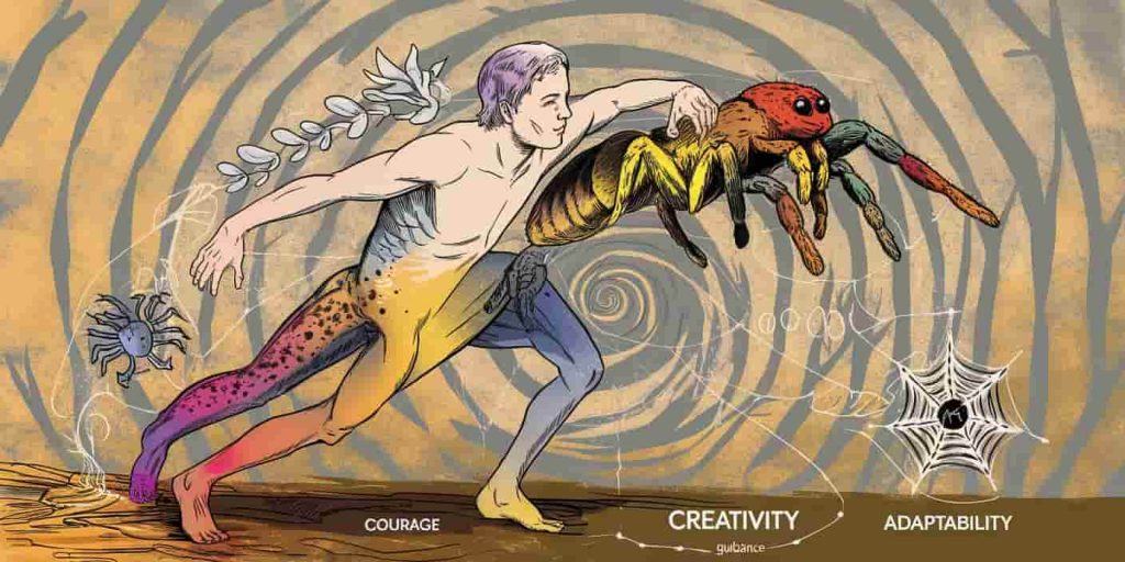 Human figure transforming into a jumping spider, surrounded by symbols of courage, creativity, and adaptability against a spiral background