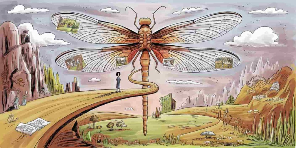 Person on winding path transforming into dragonfly body, leading through various landscapes with vignettes of life journey
