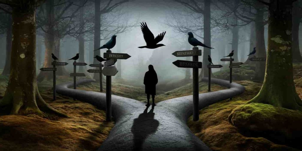 A person standing at a misty forest crossroads with multiple paths marked by different birds on signposts, and the person's shadow shaped like a bird in flight, symbolizing life choices and reflection.