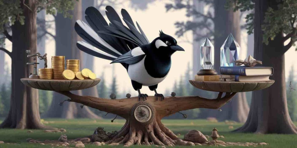 A magpie perched on a branch forming a scale, balancing material and spiritual objects, illustrating the bird's symbolism of duality and balance in life.