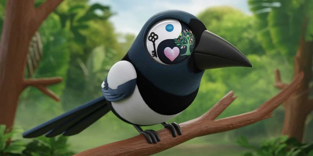 A detailed magpie eye with reflections of spiritual symbols, representing the various messages and lessons learned from magpie encounters.