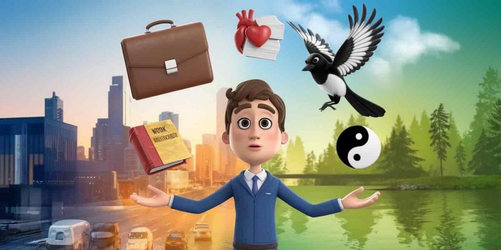 A person juggling life aspect symbols with a magpie on their shoulder, helping maintain balance between a busy city and serene nature, illustrating the magpie's role in cultivating life balance.