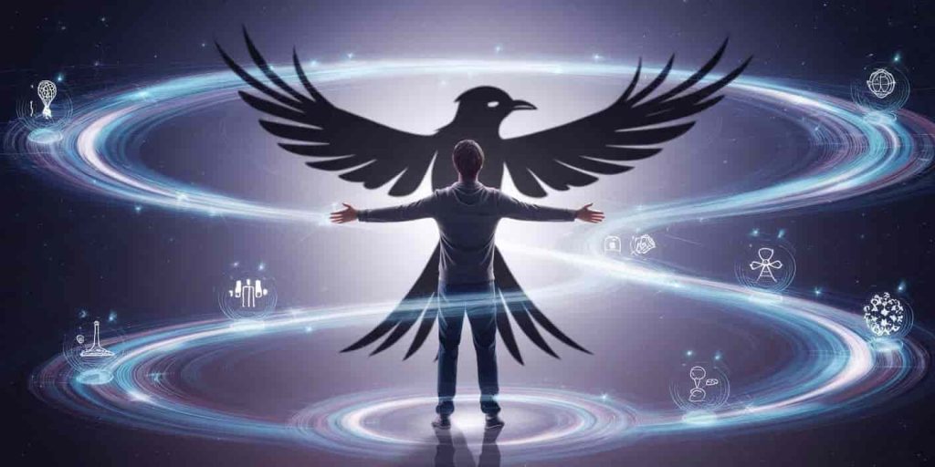A person with a magpie shadow surrounded by spiraling energy patterns containing icons of magpie traits, representing the integration of magpie spirit animal energy.