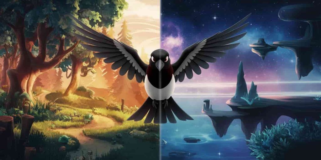 A split image of a magpie bridging the physical and spiritual realms, illustrating its role in spiritual symbolism and as a messenger between worlds.