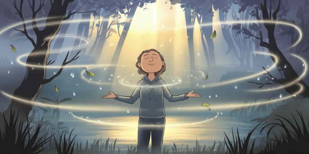 Ethereal scene of a person in a misty forest at dawn, surrounded by swirling energy patterns representing intuition, creativity, and healing, with golden light filtering through trees and symbols of spiritual cleansing.