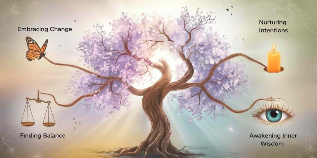 Symbolic tree with four main branches representing March's spiritual lessons: embracing change, finding balance, nurturing intentions, and awakening inner wisdom, with illustrative vignettes on each branch and a glowing aura surrounding the tree.