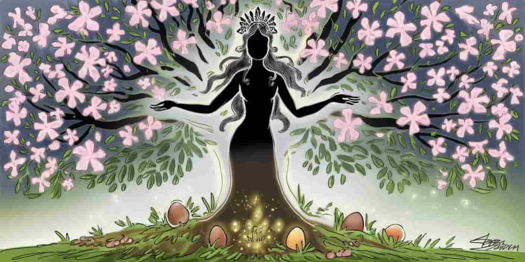 Silhouette of goddess figure surrounded by blooming flowers, lush greenery, fertility symbols, and a subtle glow, representing May's divine feminine energy and spiritual symbolism.
