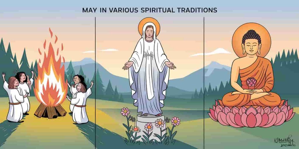 Triptych image showing Beltane bonfire, statue of Mary, and Buddha figure in warm colors, representing May's significance in various spiritual traditions.