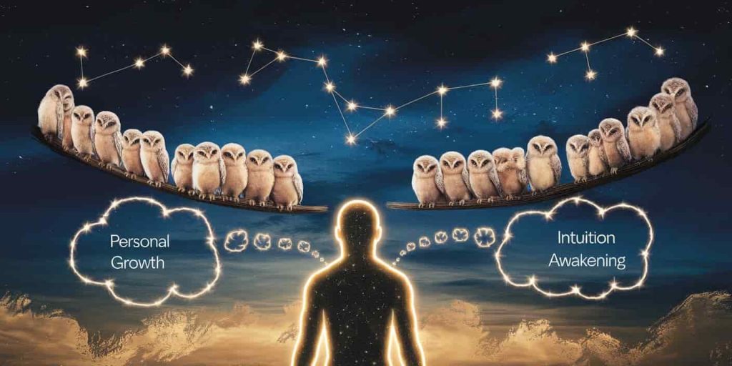 Human silhouette under night sky with baby owl constellations, thought bubbles showing growth and spiritual symbols on deep blue background