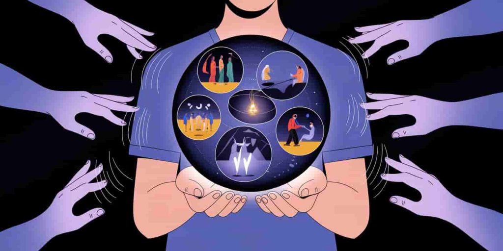 A person holding a glowing orb with scenes of personal growth inside, surrounded by ethereal hands knocking on invisible barriers, illustrating spiritual messages and lessons from sleep knocking.