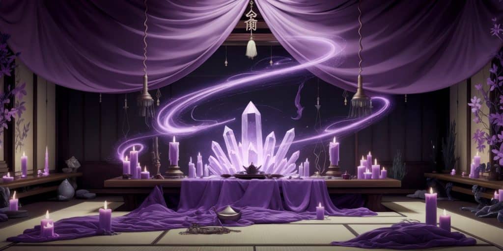 A serene purple-themed sacred space with an altar, crystals, candles, and swirling purple energy, showcasing ways to incorporate purple into spiritual practice.