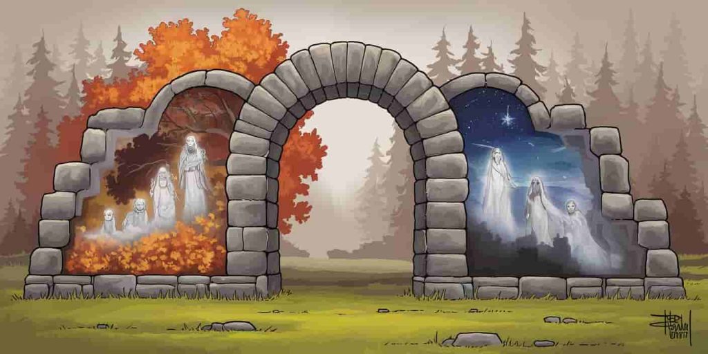 A powerful visual representation of October's link to ancestral spirits and the thinning veil, featuring an ancient archway bridging the physical and spiritual realms.