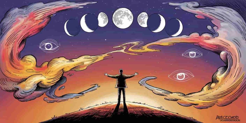 Person on hilltop surrounded by swirling autumn-colored energy and multiple moon phases. An evocative image depicting the influence of October's energy on spiritual awareness, featuring a person surrounded by swirling energies and celestial symbols.