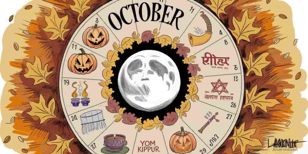 An inclusive visual representation of October's diverse spiritual holidays and events, featuring a circular calendar surrounded by cultural symbols and mystical elements.