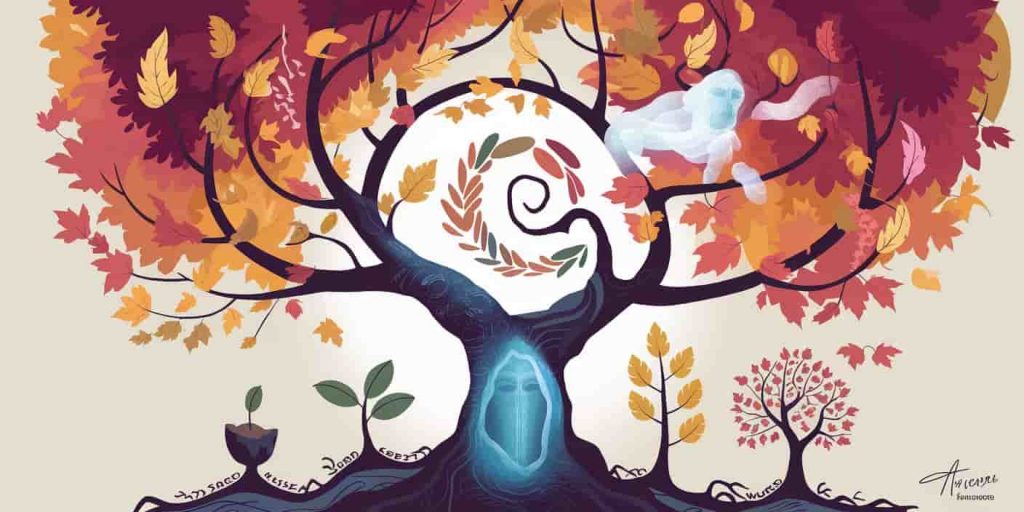 A symbolic representation of October's spiritual lessons, featuring a mystical tree with elements representing life cycles, transformation, and ancestral wisdom.