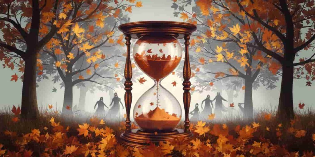 A visual representation of October's spiritual meanings, featuring autumn scenery, an hourglass symbolizing transformation, and ethereal elements depicting the thinning veil. Autumn landscape with trees, hourglass filled with leaves, and ghostly figures emerging from mist