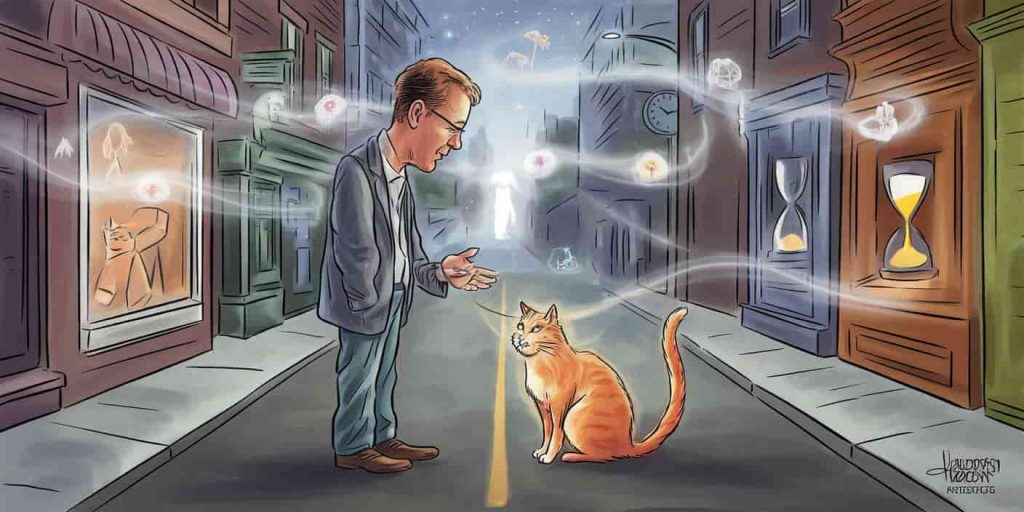 Person encountering an orange cat with glowing eyes on a mystical street, surrounded by dream symbols