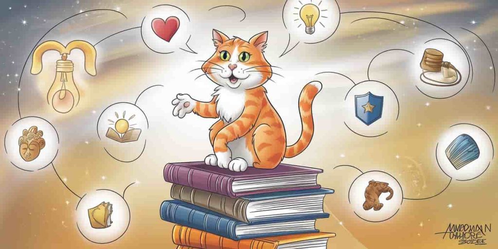 Wise orange cat on ancient books surrounded by symbols of life lessons and spiritual growth