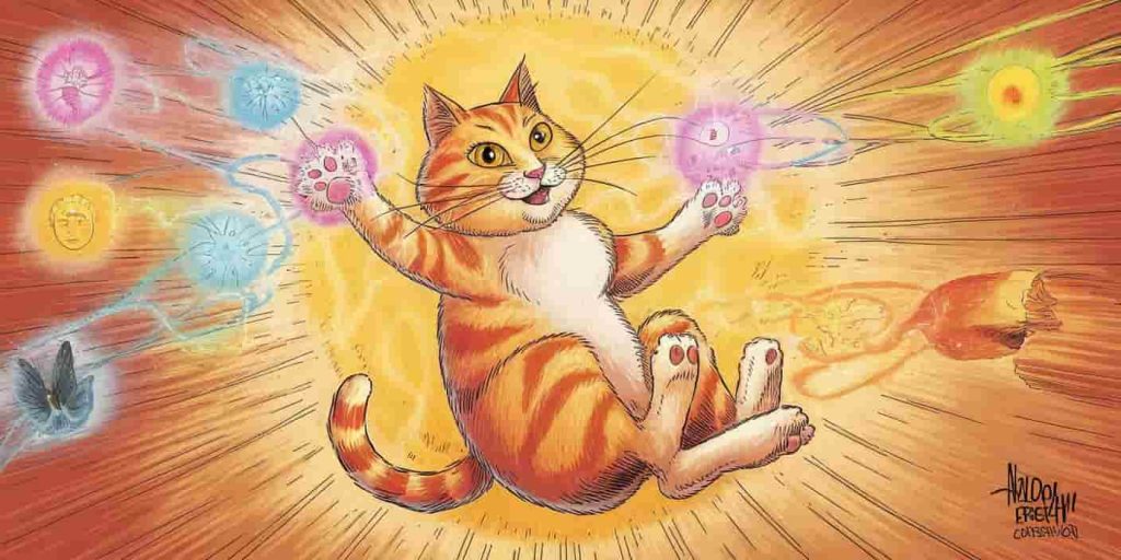 Playful orange cat manipulating colorful energy orbs, surrounded by a golden aura with transformation symbols