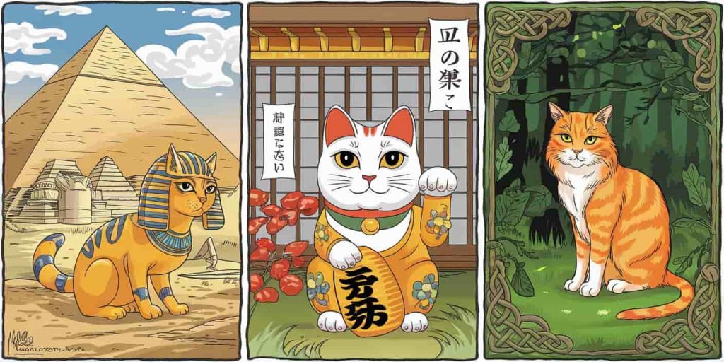 Triptych of orange cats in Egyptian, Japanese, and Celtic settings, showcasing diverse cultural beliefs
