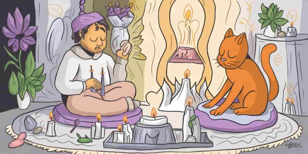 Person performing spiritual ritual with an orange cat in a sacred space with mystical elements