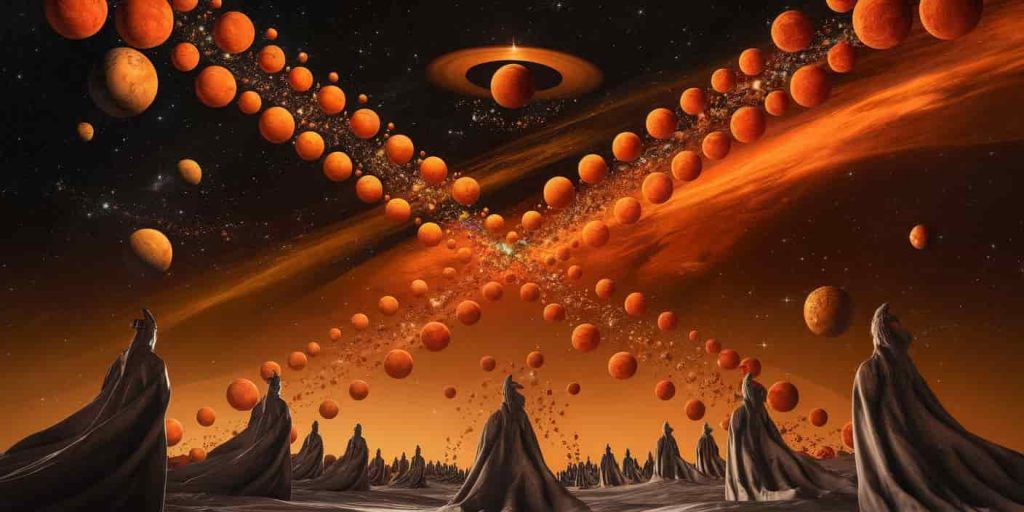 A 3D Ukiyo-e-style render of orange celestial bodies aligning to form a symbolic pattern, with ethereal figures observing the cosmic message from below.
