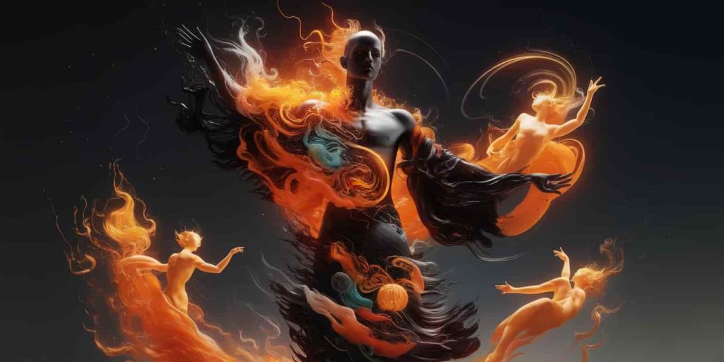 A 3D Ukiyo-e-style render showing a human silhouette with a vibrant orange aura, surrounded by swirling energy patterns and ethereal orange beings representing spiritual energy.