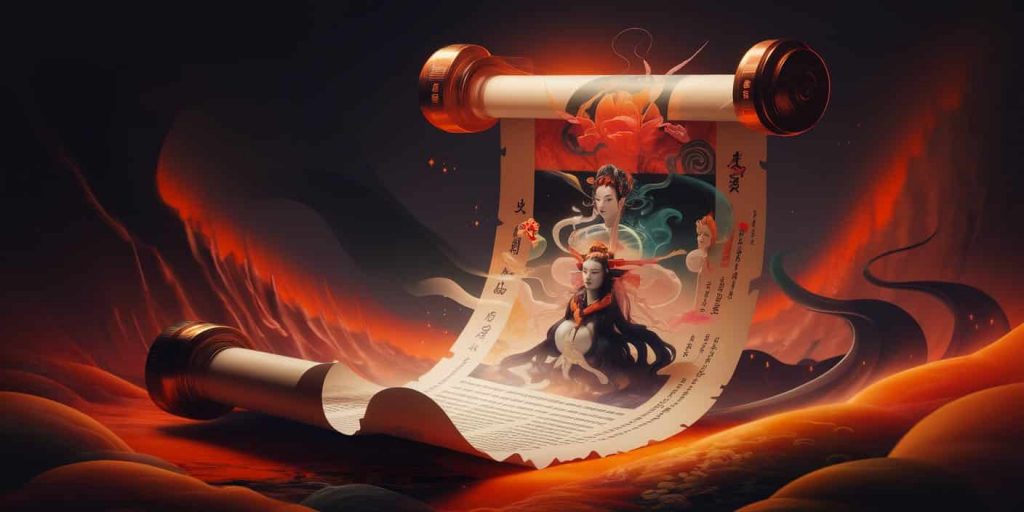 A 3D Ukiyo-e-style render showing an ancient scroll unrolling across an orange landscape, revealing spiritual lessons with ethereal beings emerging from its contents.