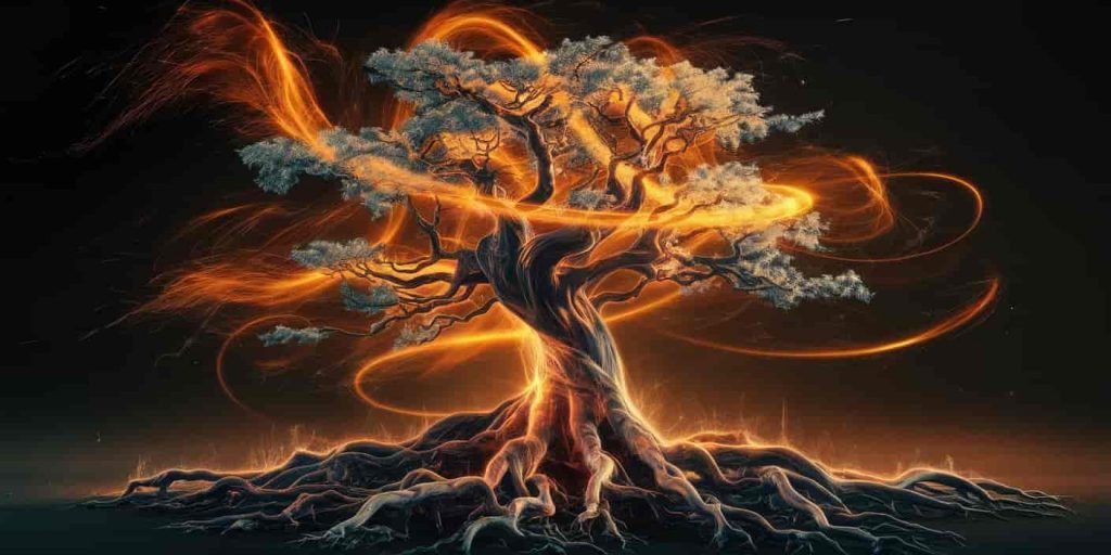 A 3D Ukiyo-e-style render of an orange flame forming a tree of life, with ethereal sparks representing the vitality and life force symbolized by the color orange.