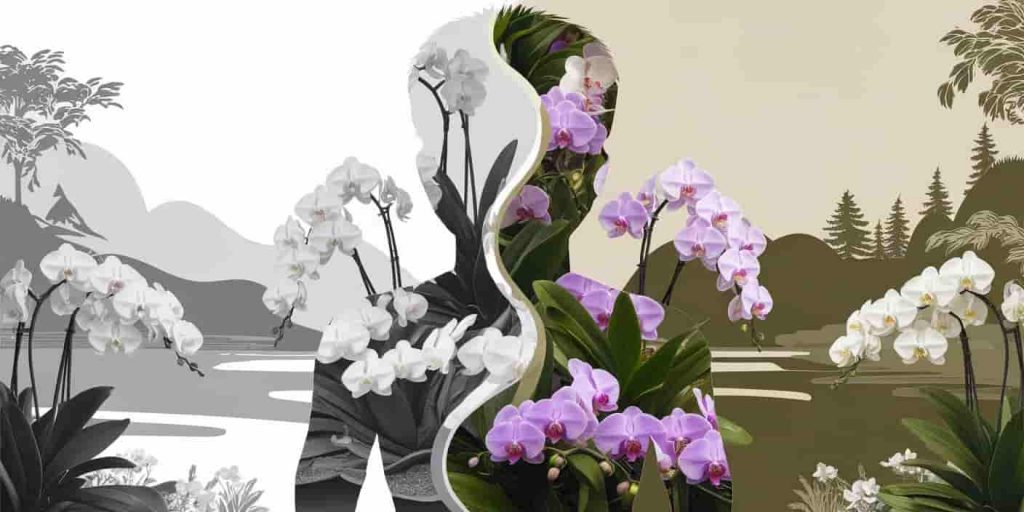 Abstract silhouette of a person filled with a lush orchid garden, half transparent showing inner growth and half solid with outward blooming, illustrating the balance between inner spiritual growth and outer expression.