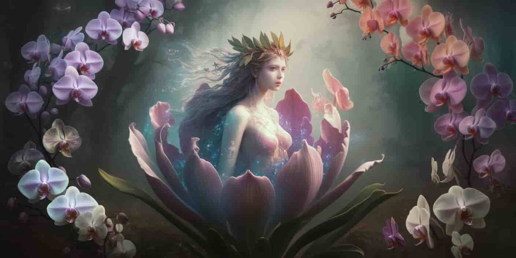 Ethereal goddess-like figure emerging from a large blooming orchid, surrounded by glowing orchids of various colors, symbolizing divine feminine energy and creation in orchid spirituality.