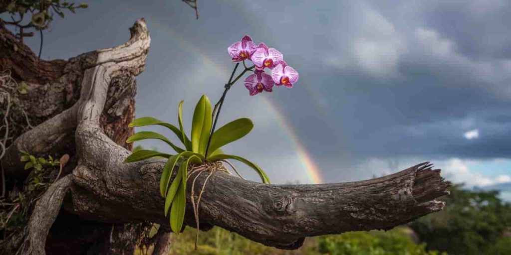 Vibrant orchid growing on weathered tree branch with parting storm clouds and rainbow in the background, representing adaptation to life's challenges with grace and resilience.